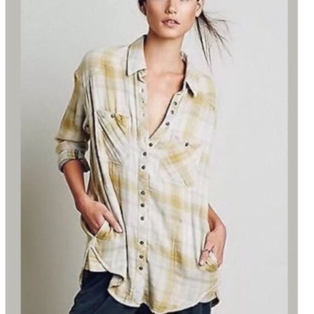 Free People Yellow Plaid Button Down top Size Small